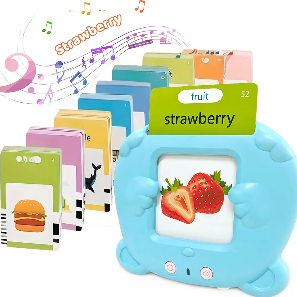 Blue talking flashcard reader with a strawberry card and colourful learning cards